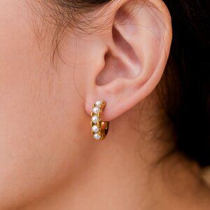 Gold Pearl Huggie Earrings Waterproof Non Tarnish Everyday Pearl Hoop Earrings